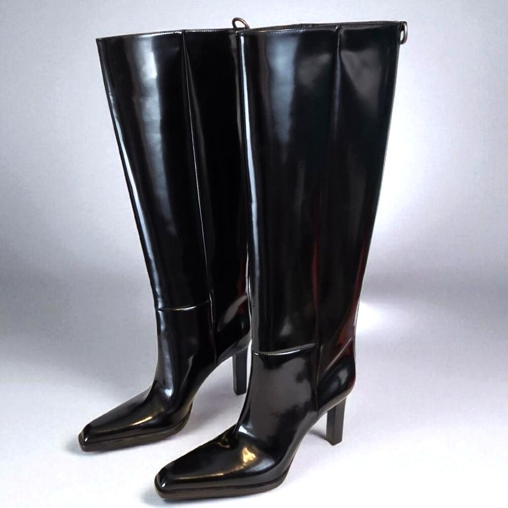 Saint Laurent Nina 95 Knee High Boots Black Patent Leather Womens EU 39 US 9 Box